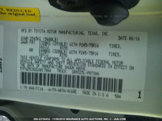 5TFAZ5CN2GX017866 - 2016 TOYOTA TACOMA DBL CAB/SR5/TRD SPORT/OR WHITE photo 9