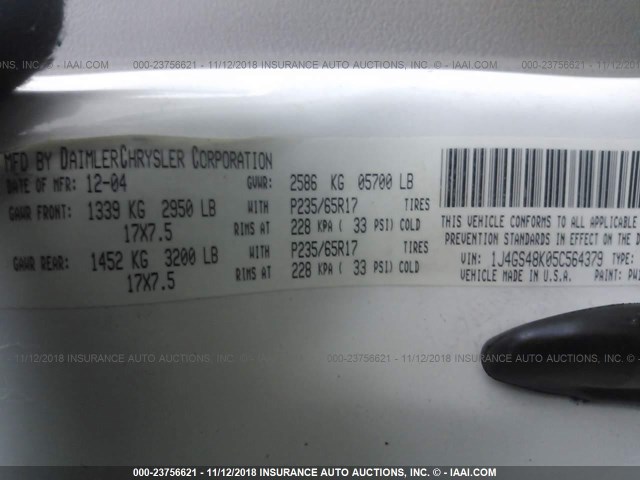 1J4GS48K05C564379 - 2005 JEEP GRAND CHEROKEE LAREDO/COLUMBIA/FREEDOM 白色 照片 9