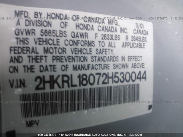 2HKRL18072H530044 - 2002 HONDA ODYSSEY EXL SILVER photo 9