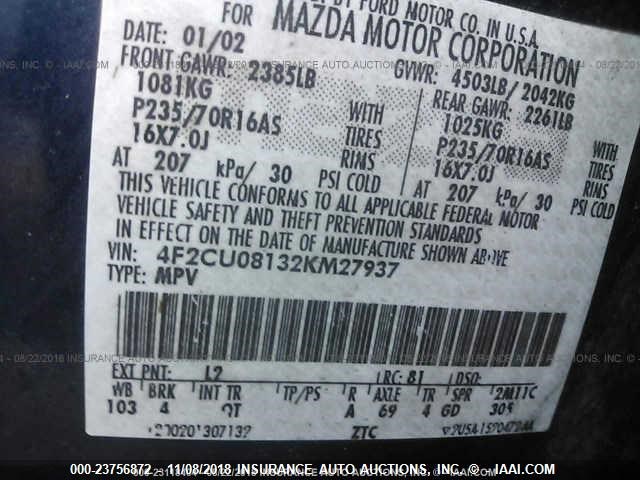 4F2CU08132KM27937 - 2002 MAZDA TRIBUTE LX/ES 蓝色 照片 9