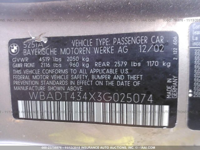 WBADT434X3G025074 - 2003 BMW 525 I AUTOMATIC GOLD photo 9