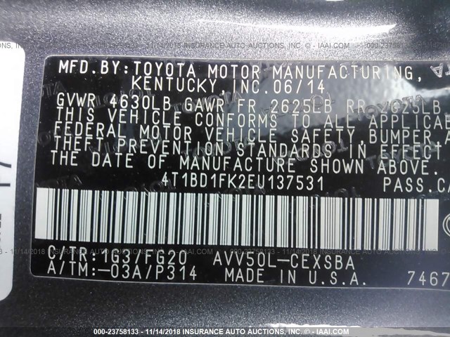 4T1BD1FK2EU137531 - 2014 TOYOTA CAMRY HYBRID/LE/XLE 灰色 照片 9