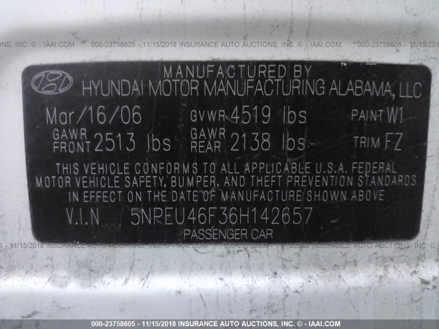 5NPEU46F36H142657 - 2006 HYUNDAI SONATA GLS/LX WHITE photo 9