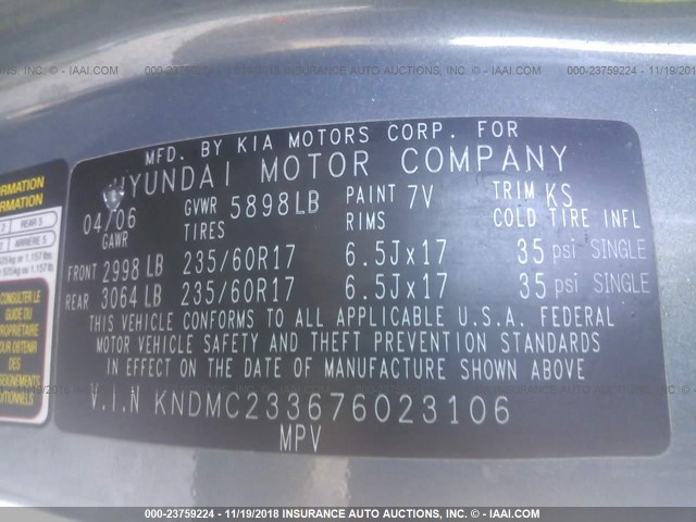 KNDMC233676023106 - 2007 HYUNDAI ENTOURAGE GLS/SE/LIMITED GRAY photo 9