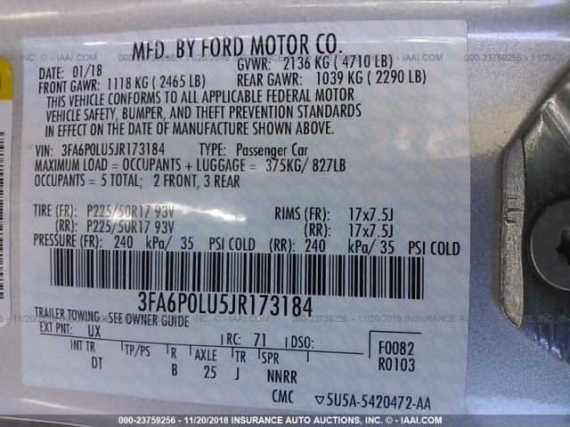 3FA6P0LU5JR173184 - 2018 FORD FUSION SE HYBRID SILVER photo 9