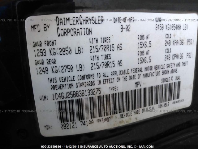 1C4GJ25B83B133275 - 2003 CHRYSLER VOYAGER BLUE photo 9