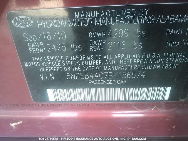 5NPEB4AC7BH156574 - 2011 HYUNDAI SONATA GLS RED photo 9