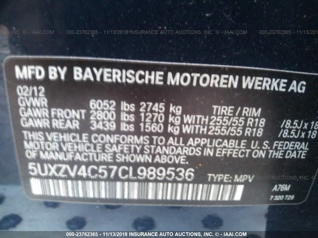 5UXZV4C57CL989536 - 2012 BMW X5 XDRIVE35I BLUE photo 9