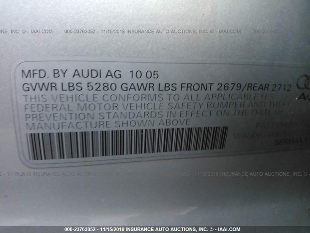 WAUDH74F96N092140 - 2006 AUDI A6 3.2 QUATTRO SILVER photo 9