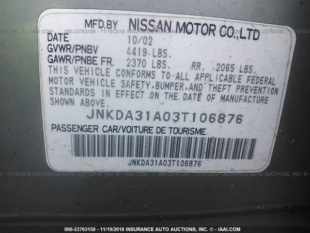 JNKDA31A03T106876 - 2003 INFINITI I35 SILVER photo 9