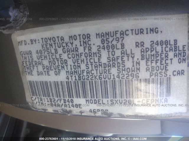 4T1BG22K6VU142296 - 1997 TOYOTA CAMRY CE/LE/XLE 银色 照片 9