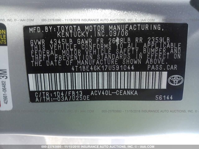 4T1BE46K17U591044 - 2007 TOYOTA CAMRY NEW GENERAT CE/LE/XLE/SE SILVER photo 9