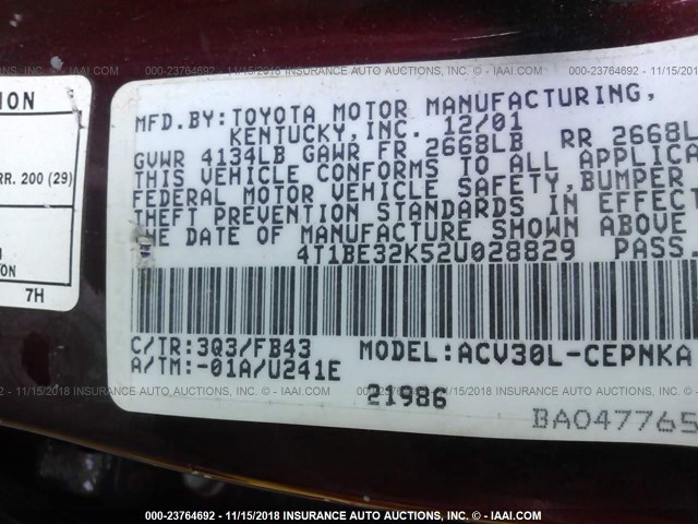 4T1BE32K52U028829 - 2002 TOYOTA CAMRY LE/XLE/SE RED photo 9