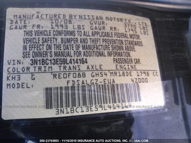 3N1BC13E59L414164 - 2009 NISSAN VERSA S/SL BLACK photo 9