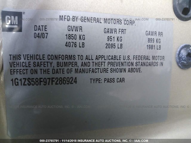 1G1ZS58F97F286924 - 2007 CHEVROLET MALIBU LS 金色 照片 9