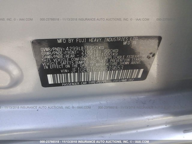 JF1GE61659H519653 - 2009 SUBARU IMPREZA 2.5I SILVER photo 9