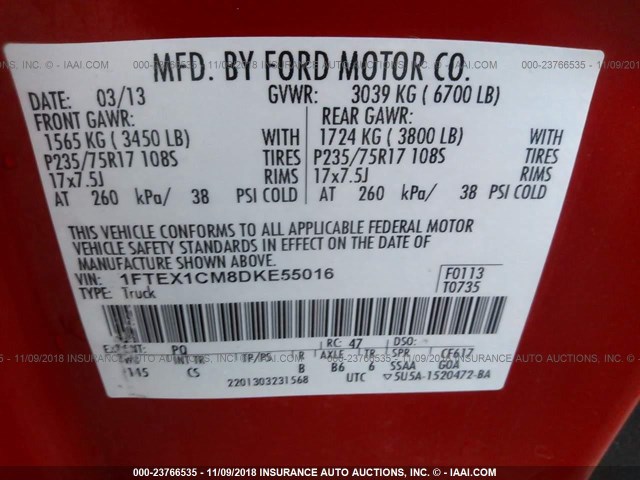1FTEX1CM8DKE55016 - 2013 FORD F150 SUPER CAB RED photo 9