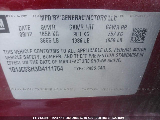 1G1JC6SH3D4111764 - 2013 CHEVROLET SONIC LT RED photo 9