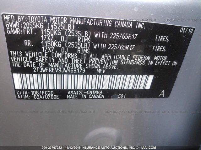 2T3WFREV9JW469179 - 2018 TOYOTA RAV4 ADVENTURE/XLE 银色 照片 9