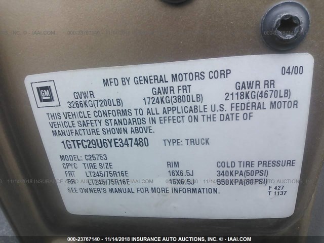 1GTFC29U6YE347480 - 2000 GMC NEW SIERRA C2500 GOLD photo 9