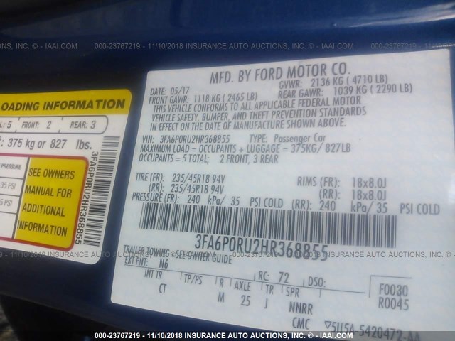 3FA6P0RU2HR368855 - 2017 FORD FUSION TITANIUM HEV BLUE photo 9