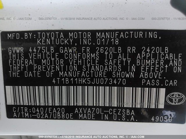 4T1B11HK5JU073470 - 2018 TOYOTA CAMRY L/LE/XLE/SE/XSE WHITE photo 9