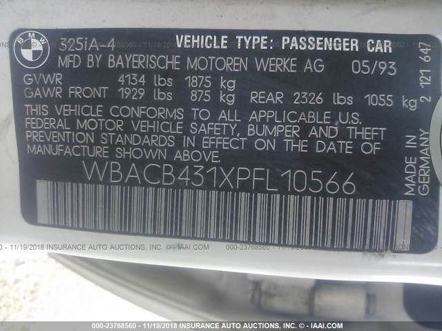WBACB431XPFL10566 - 1993 BMW 325 I AUTOMATIC WHITE photo 9