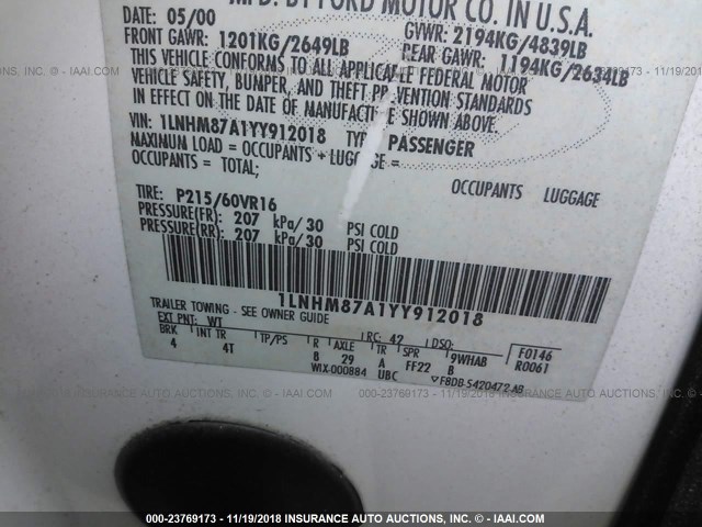 1LNHM87A1YY912018 - 2000 LINCOLN LS 白色 照片 9