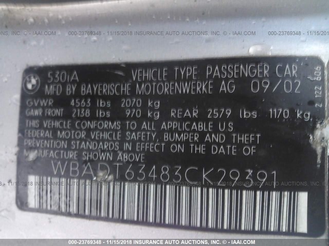 WBADT63483CK29391 - 2003 BMW 530 I AUTOMATIC SILVER photo 9