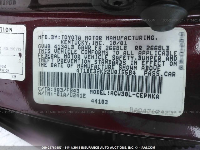 4T1BE32K22U015584 - 2002 TOYOTA CAMRY LE/XLE/SE MAROON photo 9