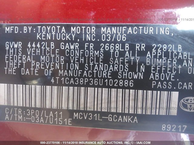 4T1CA38P36U102886 - 2006 TOYOTA CAMRY SOLARA SE/SLE წითელი ფოტო 9