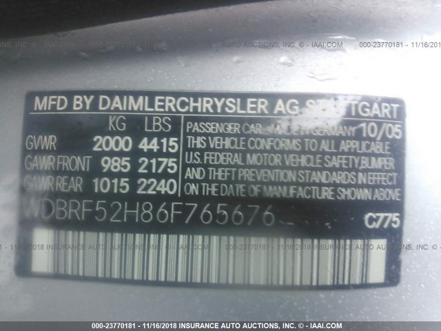 WDBRF52H86F765676 - 2006 MERCEDES-BENZ C GENERATION 2006 230 SILVER photo 9