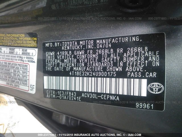 4T1BE32K24U900175 - 2004 TOYOTA CAMRY LE/XLE/SE GRAY photo 9