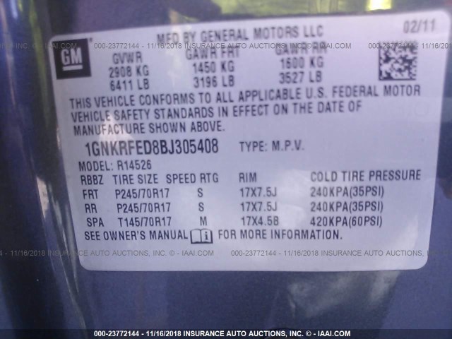 1GNKRFED8BJ305408 - 2011 CHEVROLET TRAVERSE LS SILVER photo 9