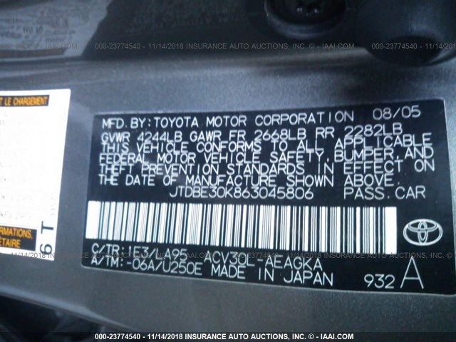JTDBE30K863045806 - 2006 TOYOTA CAMRY LE/XLE Сұр фото 9