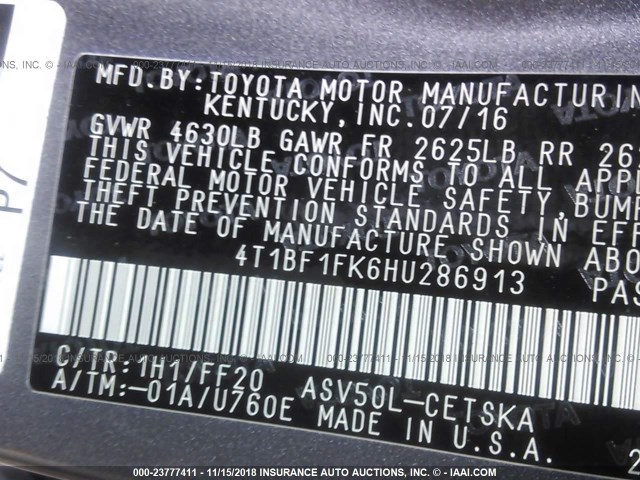 4T1BF1FK6HU286913 - 2017 TOYOTA CAMRY LE/XLE/SE/XSE GRAY photo 9