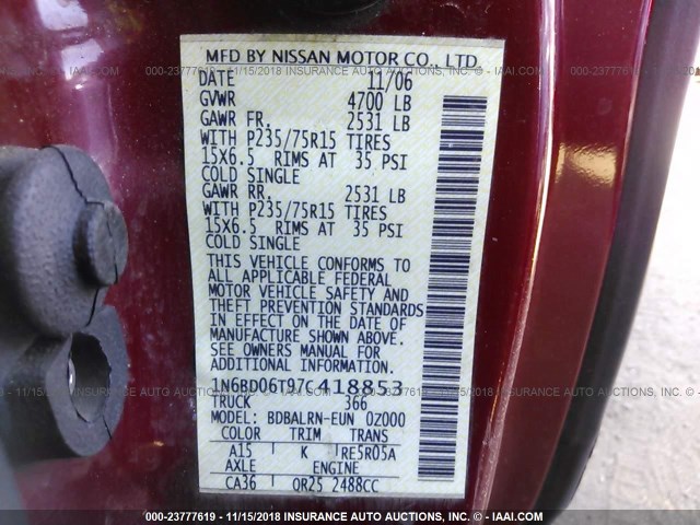 1N6BD06T97C418853 - 2007 NISSAN FRONTIER KING CAB XE RED photo 9