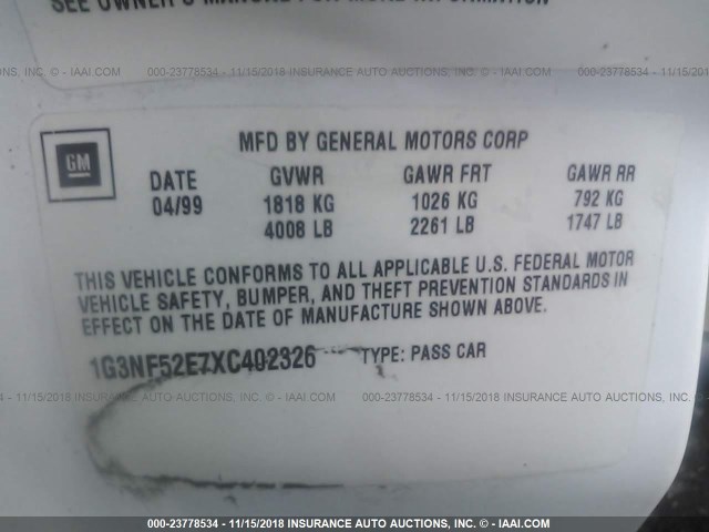 1G3NF52E7XC402326 - 1999 OLDSMOBILE ALERO GLS 白色 照片 9