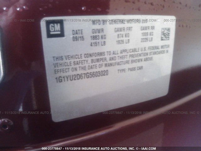 1G1YU2D67G5603020 - 2016 CHEVROLET CORVETTE 3LZ/Z06 MAROON photo 9