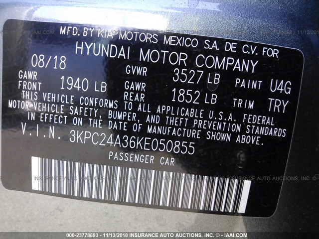 3KPC24A36KE050855 - 2019 HYUNDAI ACCENT SE/SEL GRAY photo 9