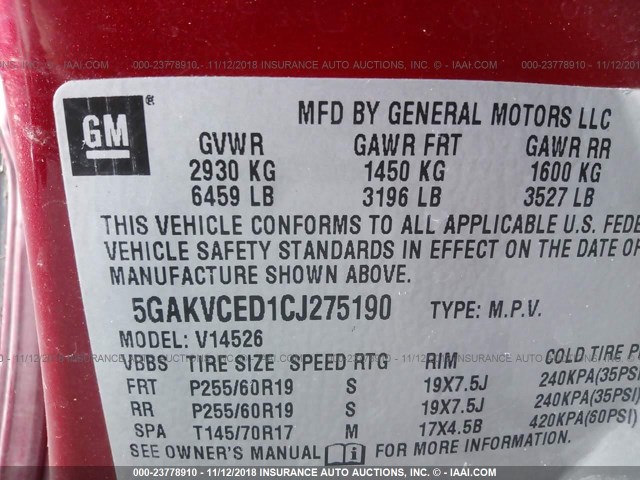 5GAKVCED1CJ275190 - 2012 BUICK ENCLAVE RED photo 9