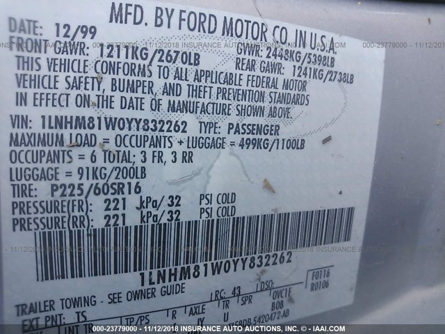 1LNHM81W0YY832262 - 2000 LINCOLN TOWN CAR EXECUTIVE Серебристый фото 9