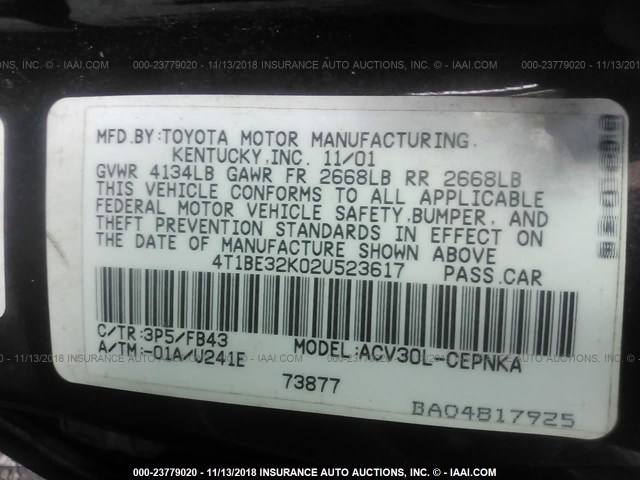 4T1BE32K02U523617 - 2002 TOYOTA CAMRY LE/XLE/SE BROWN photo 9