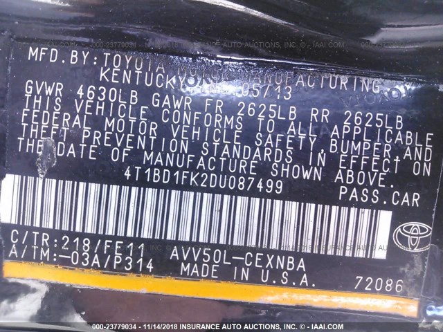 4T1BD1FK2DU087499 - 2013 TOYOTA CAMRY HYBRID/LE/XLE 黑色 照片 9