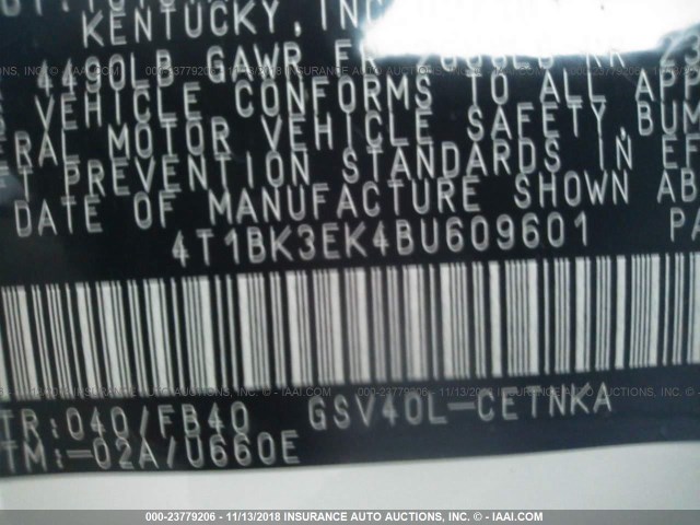 4T1BK3EK4BU609601 - 2011 TOYOTA CAMRY SE/LE/XLE WHITE photo 9