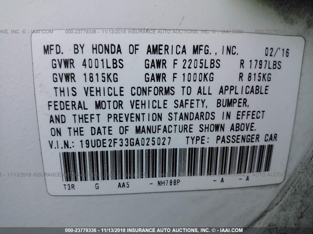 19UDE2F33GA025027 - 2016 ACURA ILX WATCH PLUS WHITE photo 9