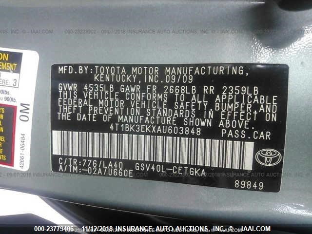 4T1BK3EKXAU603848 - 2010 TOYOTA CAMRY SE/LE/XLE მწვანე ფოტო 9