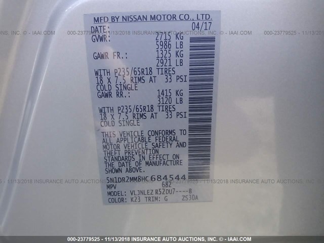 5N1DR2MM8HC684544 - 2017 NISSAN PATHFINDER S/SV/SL/PLATINUM SILVER photo 9