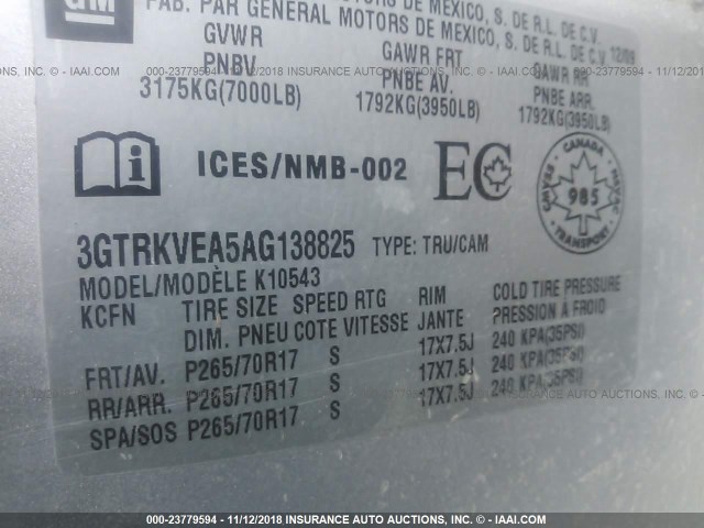 3GTRKVEA5AG138825 - 2010 GMC SIERRA K1500 SLE SILVER photo 9