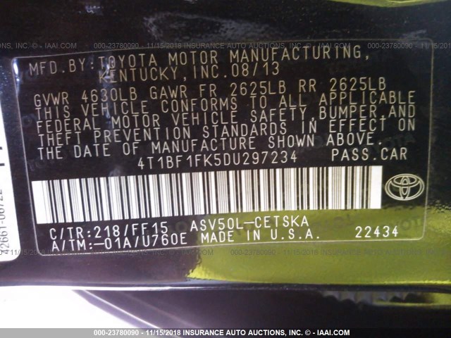 4T1BF1FK5DU297234 - 2013 TOYOTA CAMRY L/SE/LE/XLE Qara foto 9